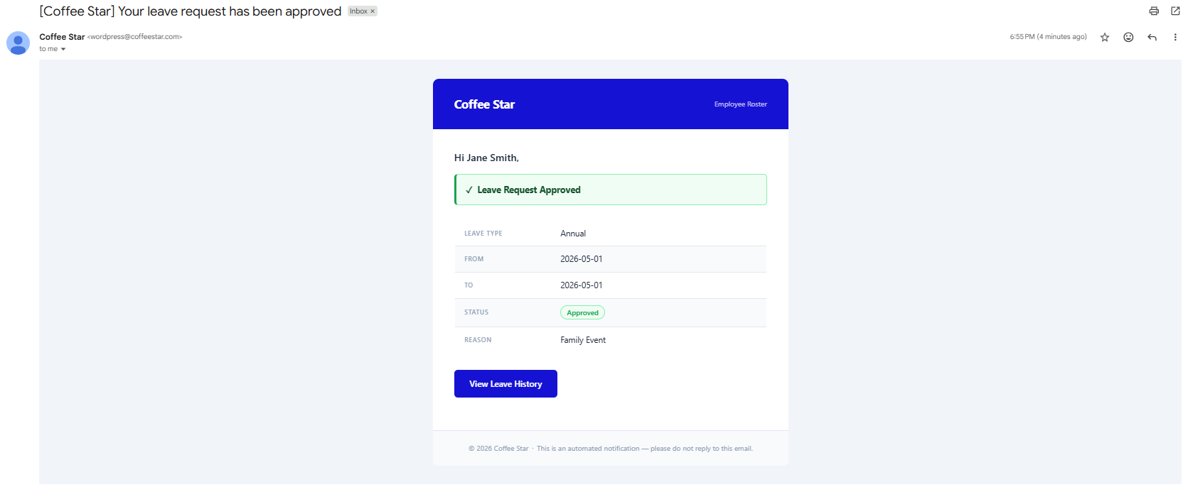 Employee leave accept email