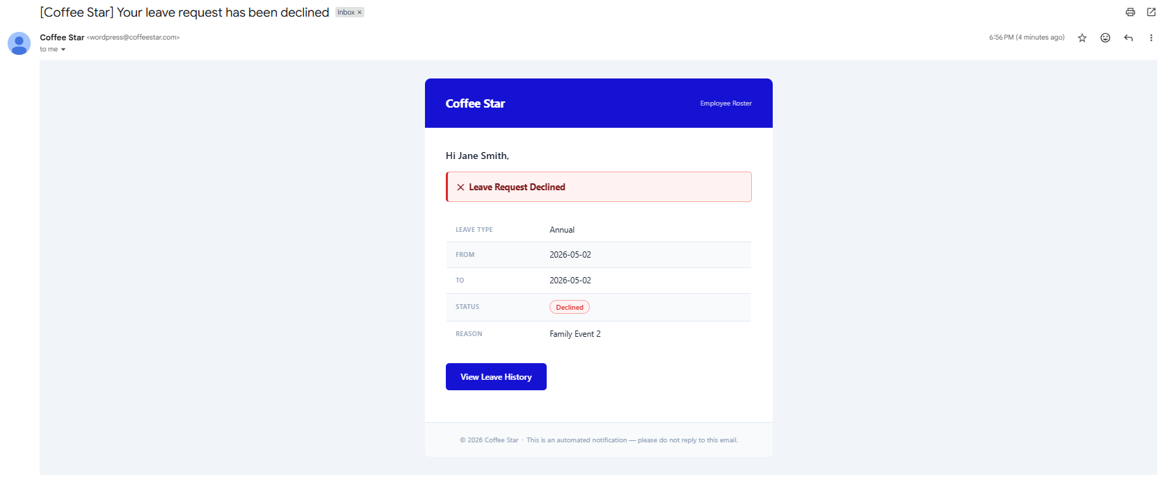 Employee leave reject email
