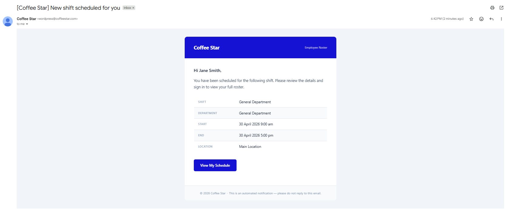 Employee shift assign email