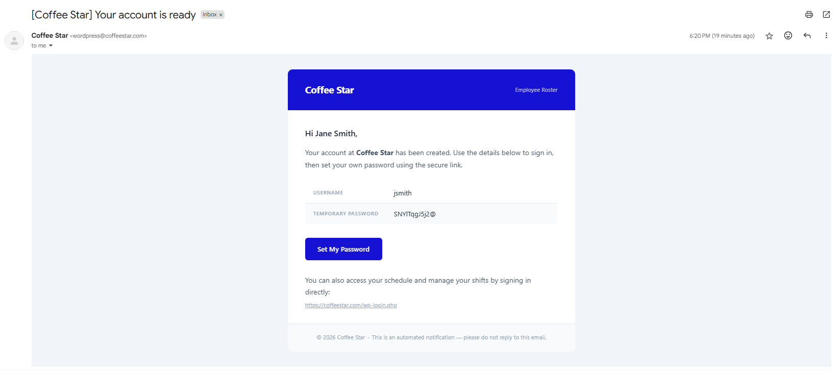 Employee welcome email