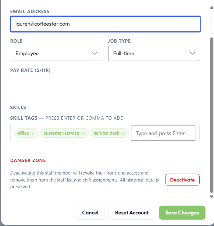Skill Tags field in Edit Staff modal