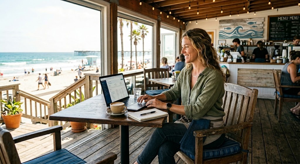 Rachel from Birchwood Cafe reviewing staff roster on her laptop